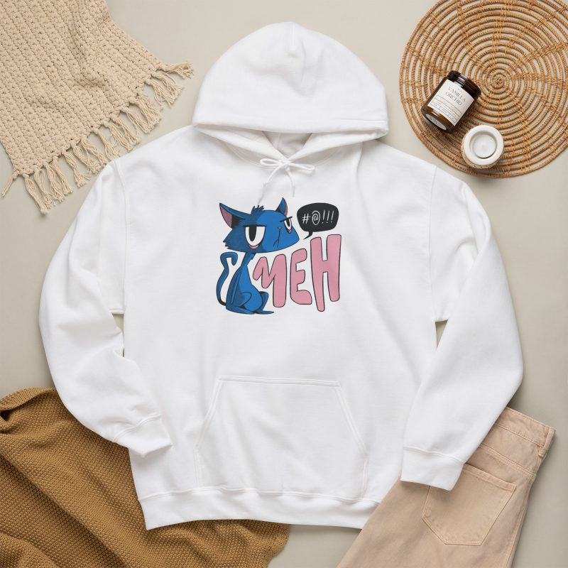 An unimpressed blue cat beside large pink lettering and a black comic speech bubble in the front print