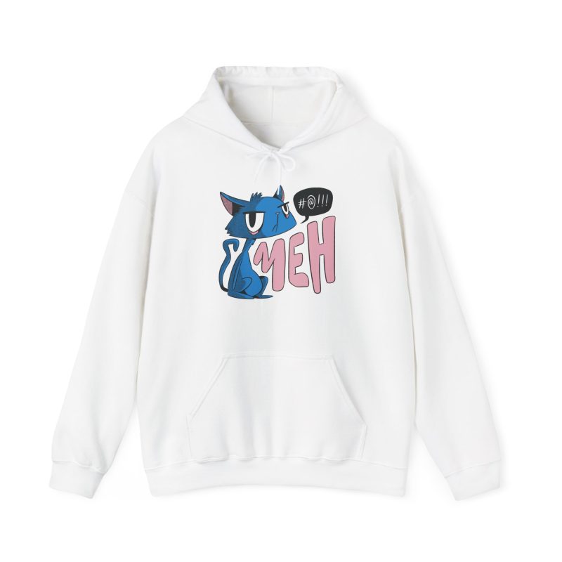 Front of the hoodie showing an unimpressed blue cat beside large pink lettering and a black comic speech bubble