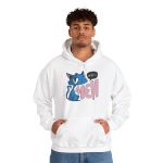 Person wearing a hoodie with an unimpressed blue cat beside large pink lettering and a black comic speech bubble printed on the front