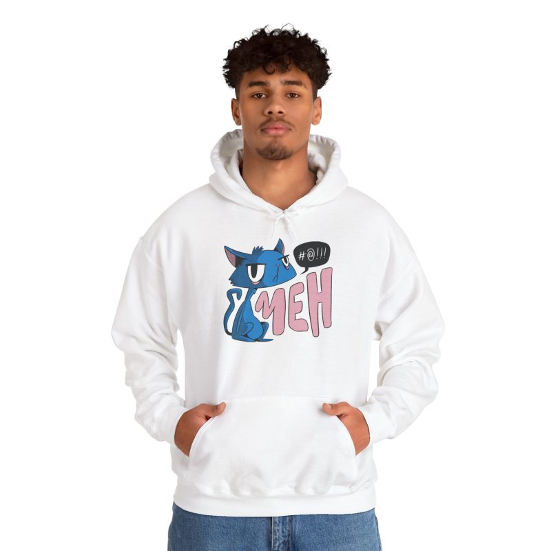 Person wearing a hoodie with an unimpressed blue cat beside large pink lettering and a black comic speech bubble printed on the front