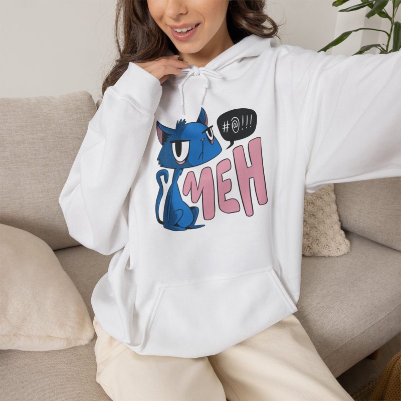 Person wearing a hoodie with an unimpressed blue cat beside large pink lettering and a black comic speech bubble printed on the front