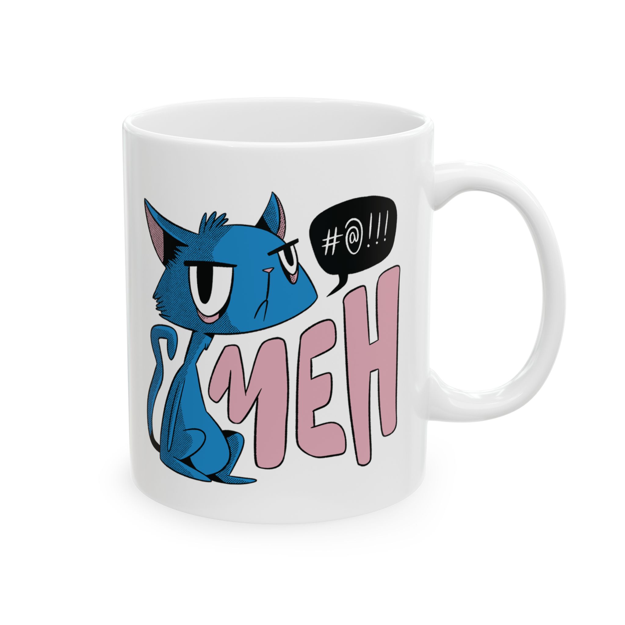 Opposite side of the glossy white ceramic mug with the matching cat design