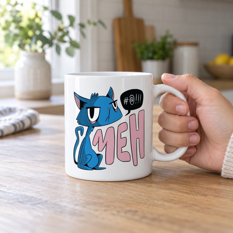 Person holding a glossy white ceramic mug showing an unimpressed blue cat beside large pink lettering and a black comic speech bubble