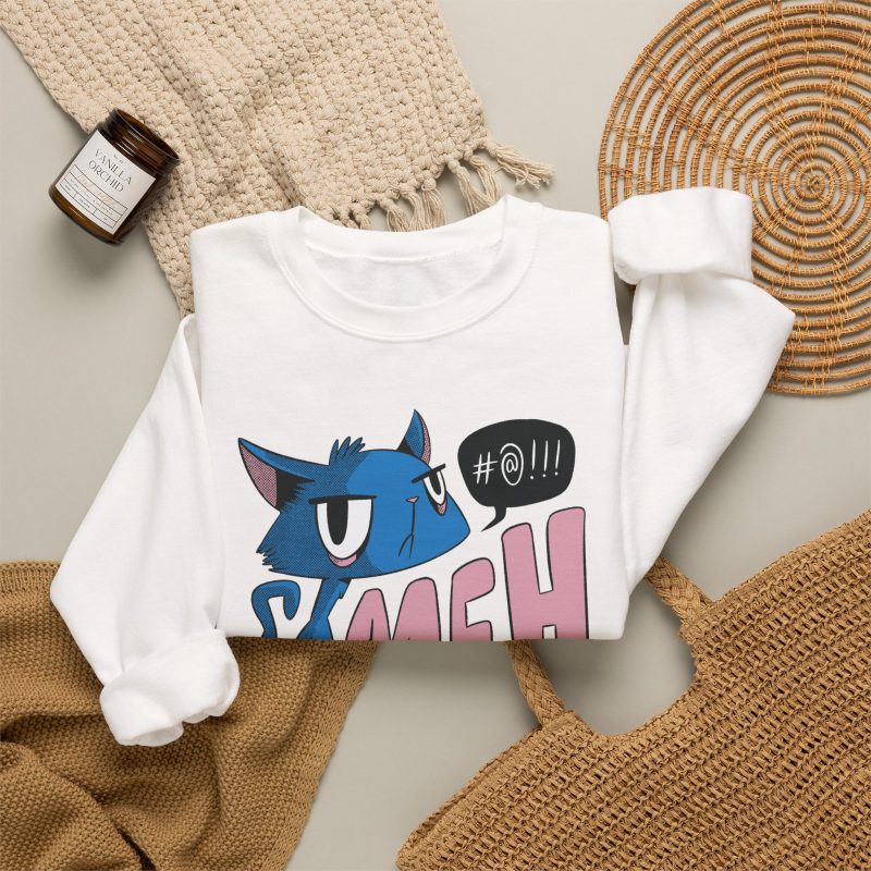 An unimpressed blue cat beside large pink lettering and a black comic speech bubble in the front print