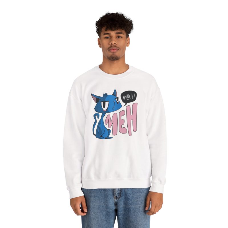 Person wearing a crewneck sweatshirt with an unimpressed blue cat beside large pink lettering and a black comic speech bubble printed on the front