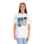 Person wearing a tee with an unimpressed blue cat beside large pink lettering and a black comic speech bubble printed on the front