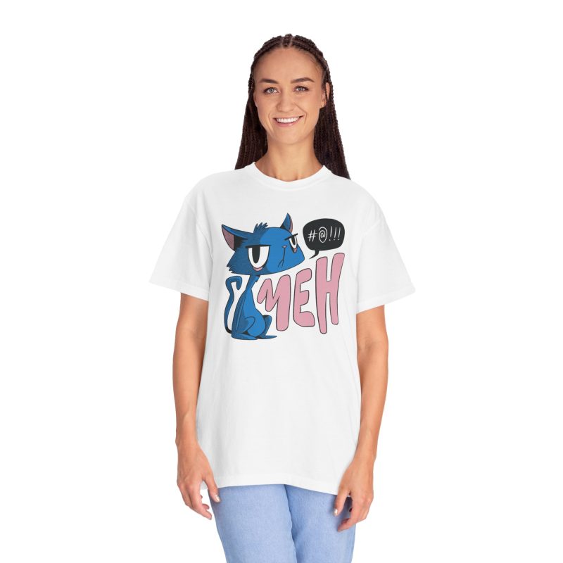 Person wearing a tee with an unimpressed blue cat beside large pink lettering and a black comic speech bubble printed on the front