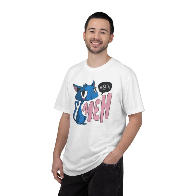 Person wearing a tee with an unimpressed blue cat beside large pink lettering and a black comic speech bubble printed on the front