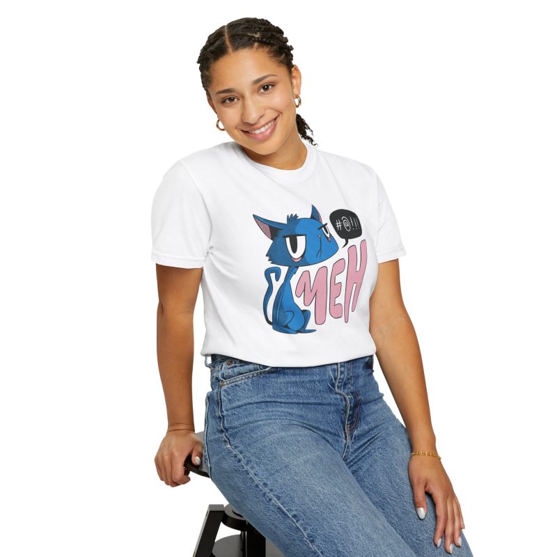 Person wearing a tee with an unimpressed blue cat beside large pink lettering and a black comic speech bubble printed on the front