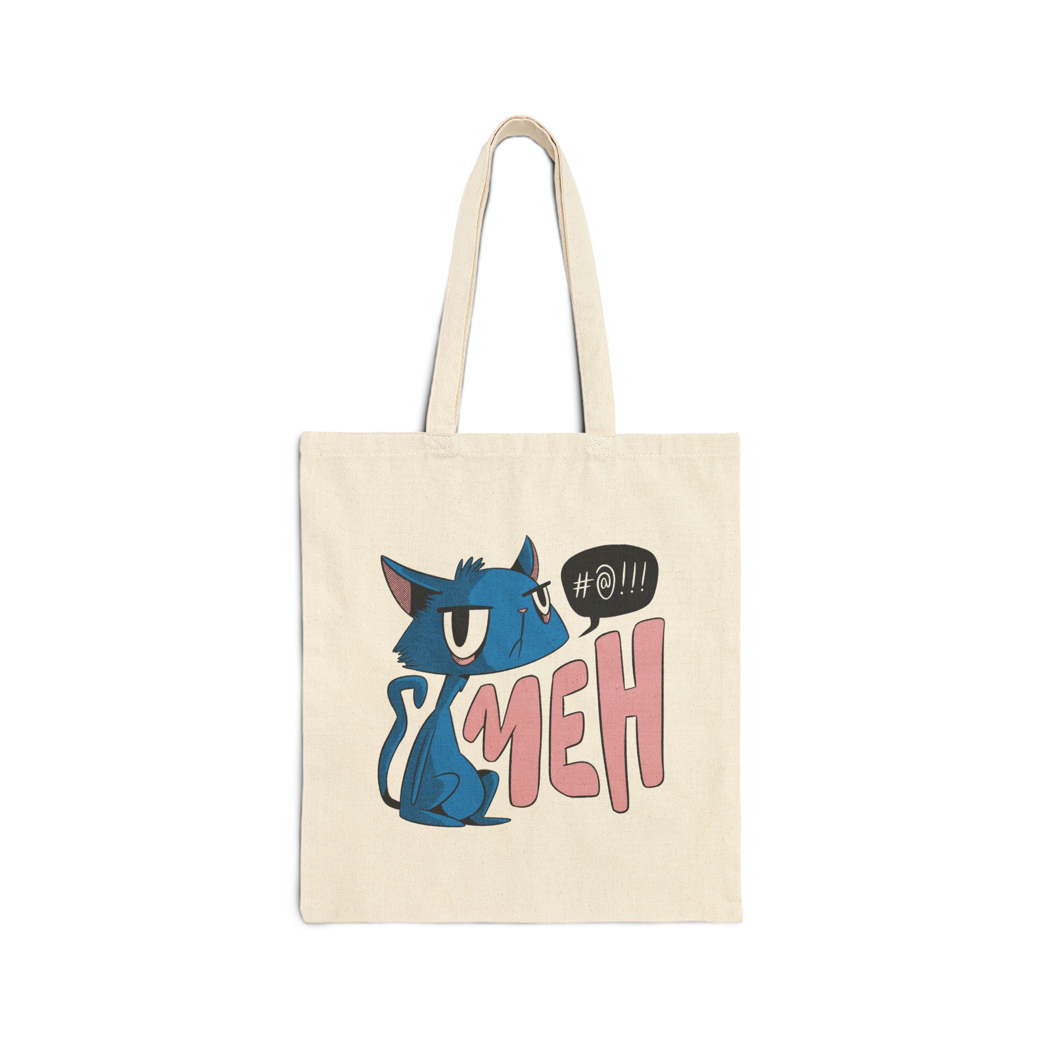 Front of the natural canvas tote showing an unimpressed blue cat beside large pink lettering and a black comic speech bubble