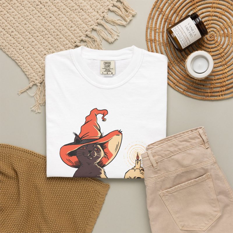 A brown cat in an orange witch hat beside a skull, lit candle and stacked spell books in the front print