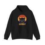 Front of the hoodie showing a cat face inside red, orange and purple sunset stripes above warm orange lettering
