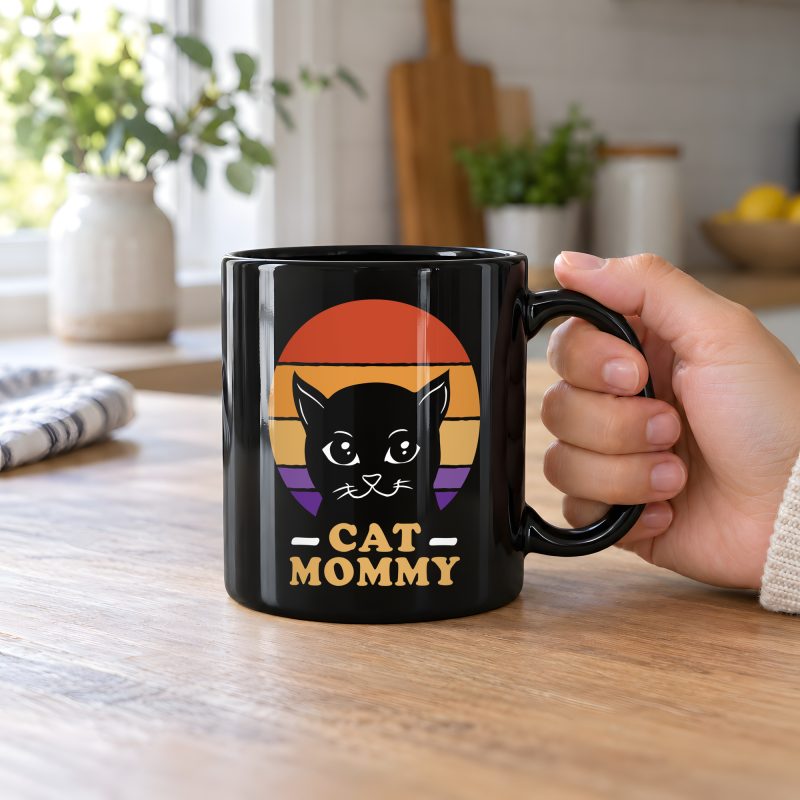 Person holding a glossy black ceramic mug showing a cat face inside red, orange and purple sunset stripes above warm orange lettering