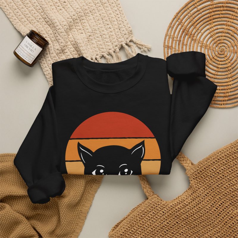 A cat face inside red, orange and purple sunset stripes above warm orange lettering in the front print