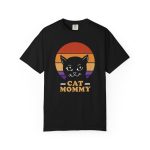 Front of the tee showing a cat face inside red, orange and purple sunset stripes above warm orange lettering