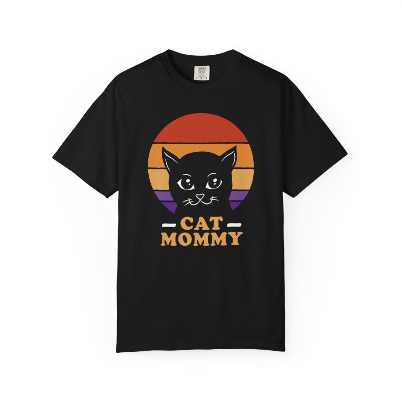 Front of the tee showing a cat face inside red, orange and purple sunset stripes above warm orange lettering