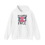 Front of the hoodie showing a pink and teal cat face and black lettering