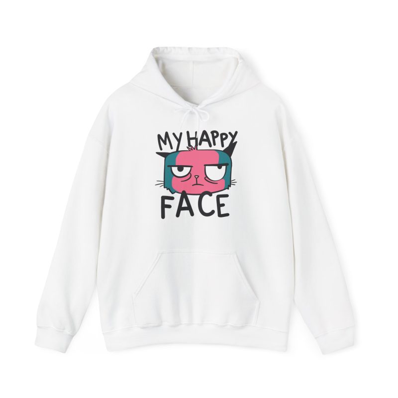 Front of the hoodie showing a pink and teal cat face and black lettering