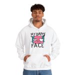 Person wearing a hoodie showing a pink and teal cat face and black lettering on the front