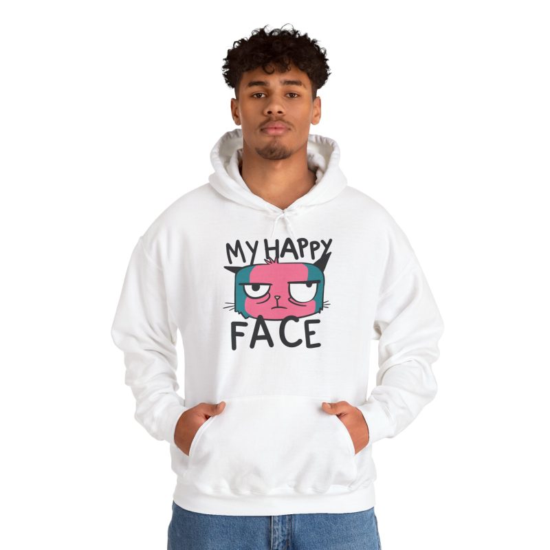 Person wearing a hoodie showing a pink and teal cat face and black lettering on the front