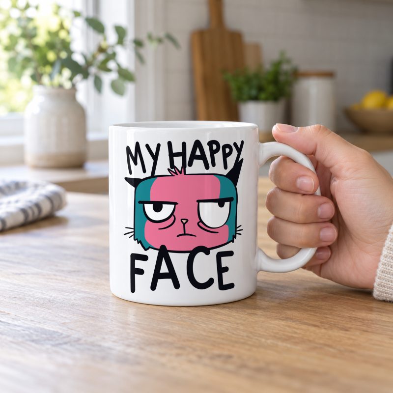 Person holding a white ceramic mug showing a pink and teal cat face and black lettering