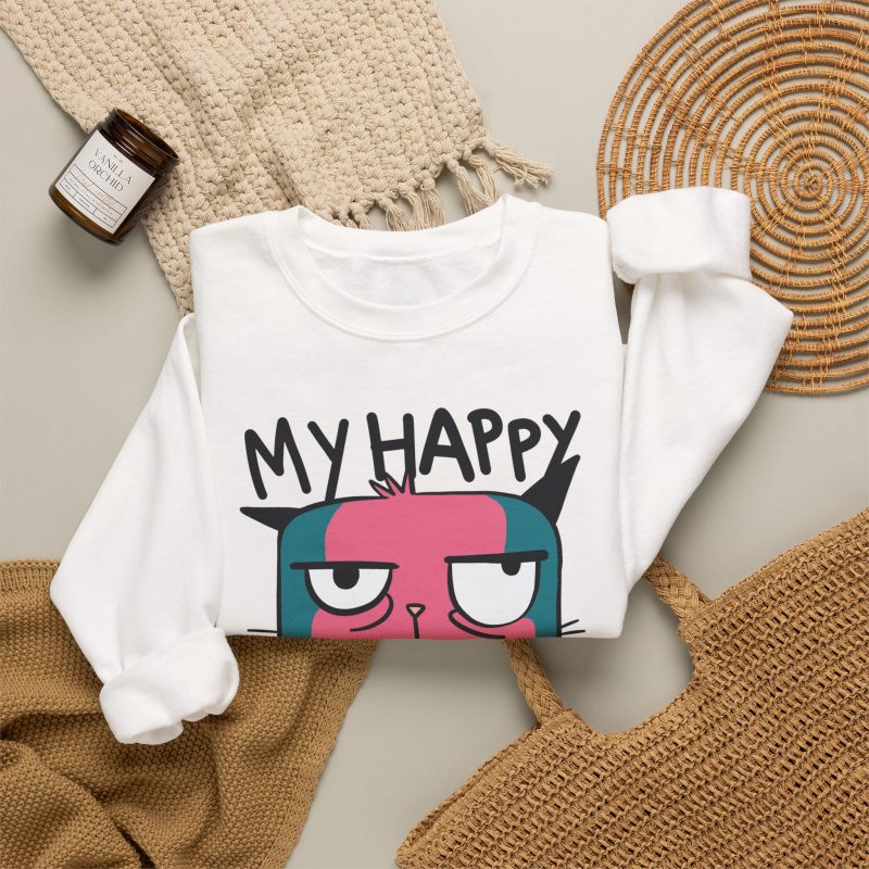 Pink and teal cat face with half-lidded eyes, black outlines and My Happy Face lettering in the front print