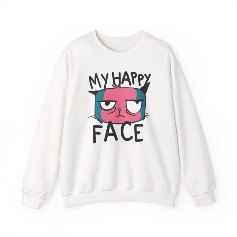 Front of the crewneck sweatshirt showing a pink and teal cat face and black lettering