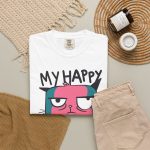 Pink and teal cat face with half-lidded eyes, black outlines and My Happy Face lettering in the front print