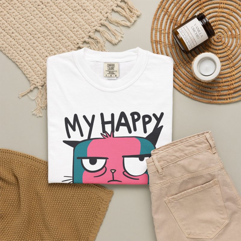 Pink and teal cat face with half-lidded eyes, black outlines and My Happy Face lettering in the front print