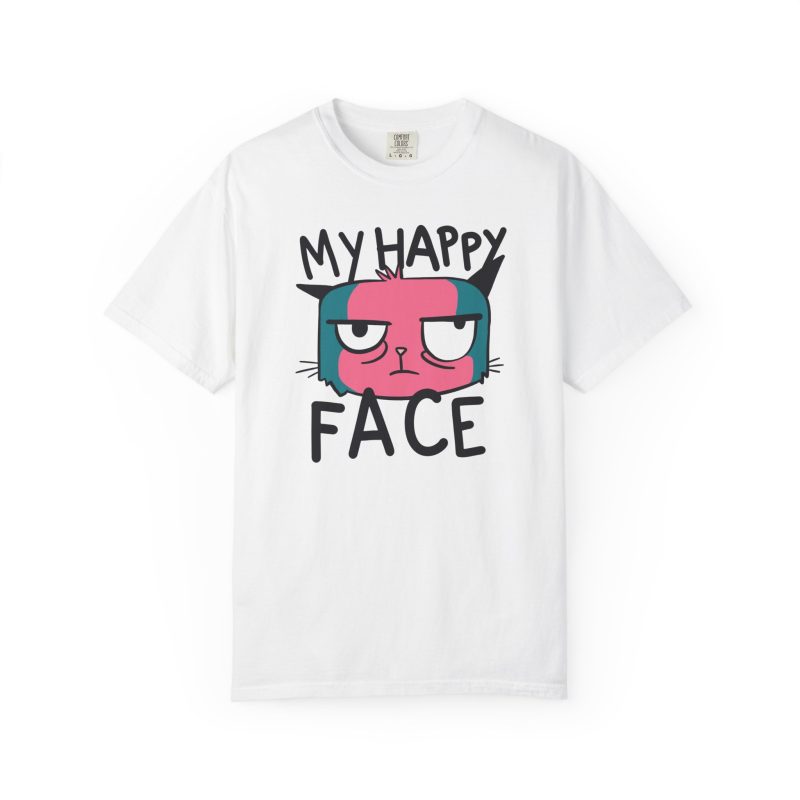 Front of the tee showing a pink and teal cat face and black lettering