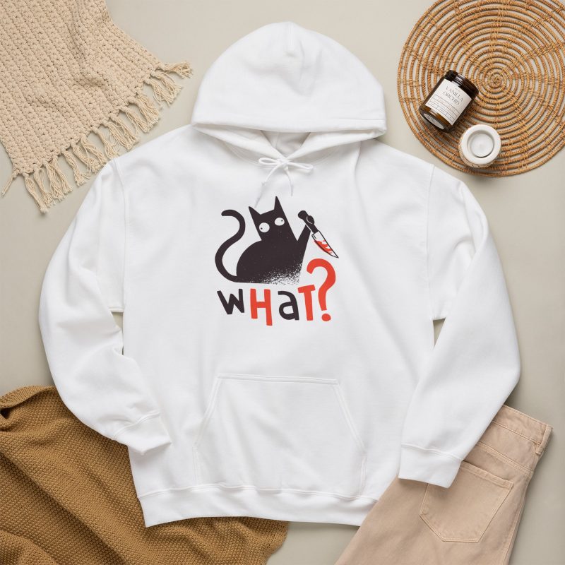 Wide-eyed black cat with a curled tail and kitchen knife beside black and orange WHAT? lettering in the front print