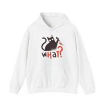 Front of the hoodie showing a wide-eyed black cat with a kitchen knife and black and orange lettering
