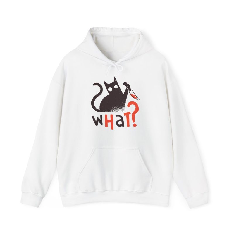 Front of the hoodie showing a wide-eyed black cat with a kitchen knife and black and orange lettering