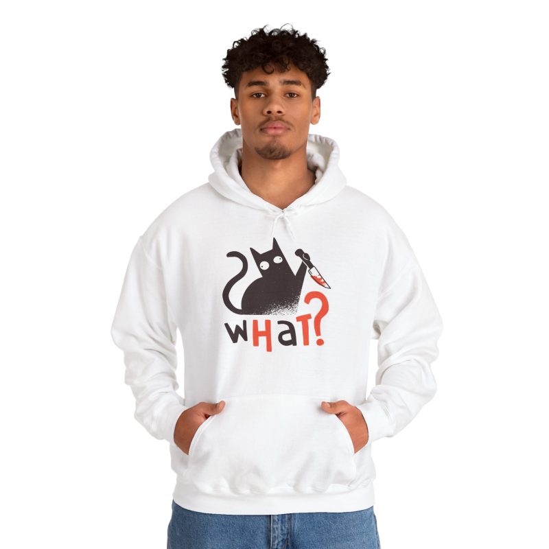 Person wearing a hoodie showing a wide-eyed black cat with a kitchen knife and black and orange lettering on the front