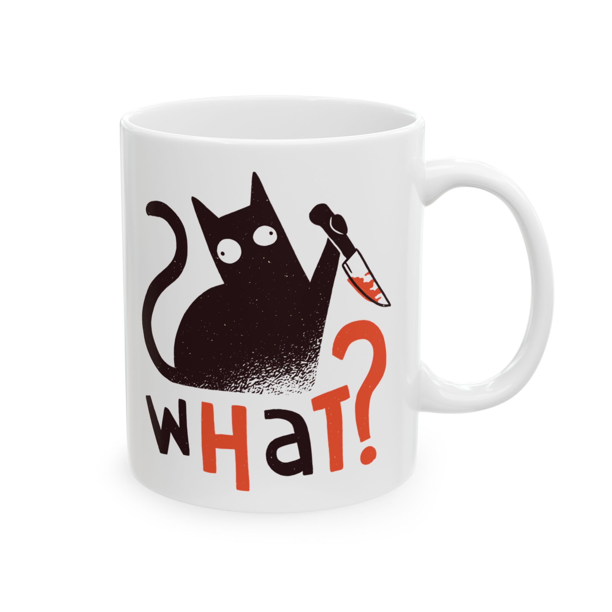 Opposite side of the white ceramic mug with the same wide-eyed black cat with a kitchen knife and black and orange lettering