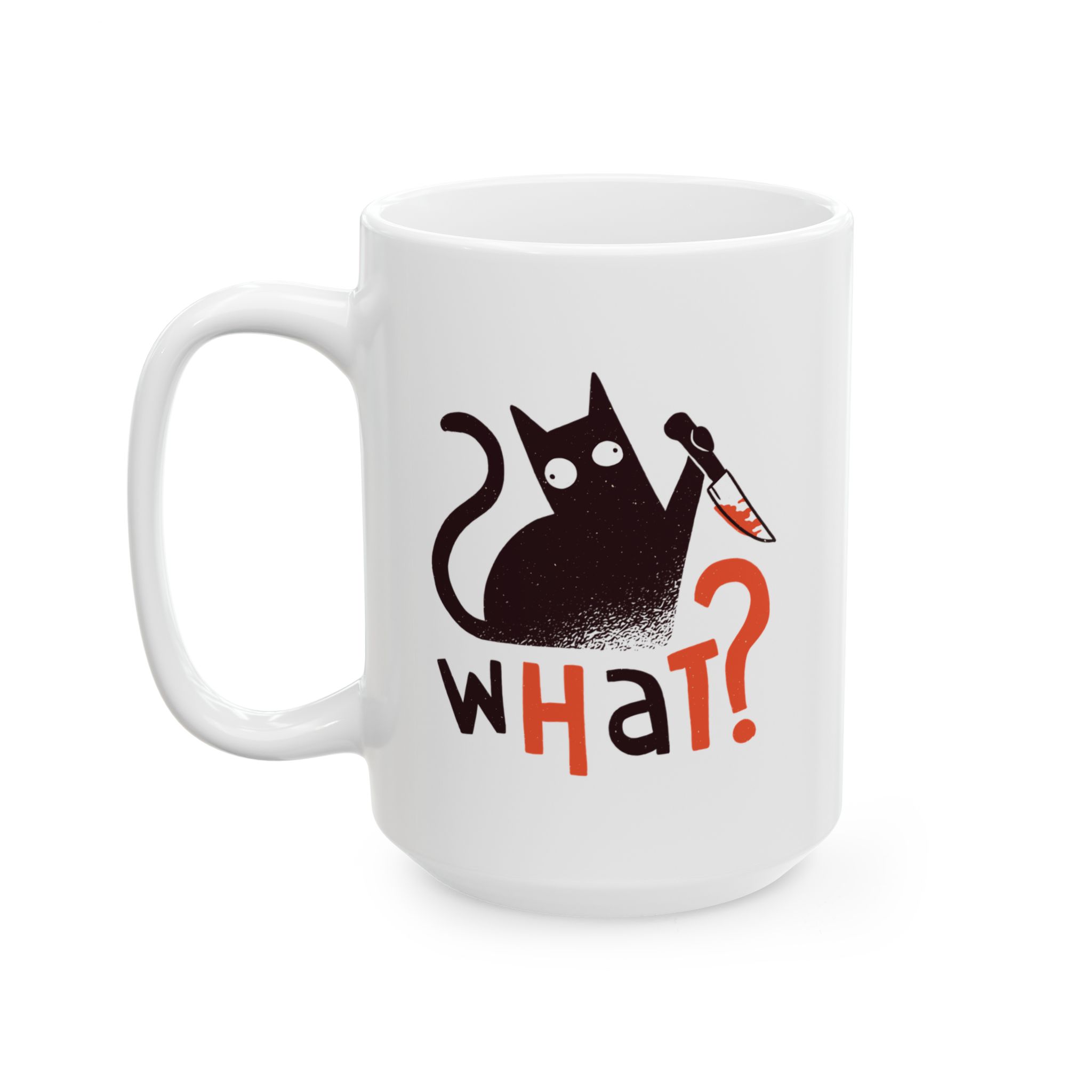 White ceramic mug showing a wide-eyed black cat with a kitchen knife and black and orange lettering