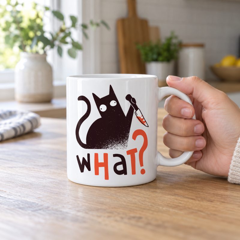 Person holding a white ceramic mug showing a wide-eyed black cat with a kitchen knife and black and orange lettering
