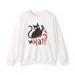 Front of the crewneck sweatshirt showing a wide-eyed black cat with a kitchen knife and black and orange lettering Front of the crewneck sweatshirt showing a wide-eyed black cat with a kitchen knife and black and orange lettering