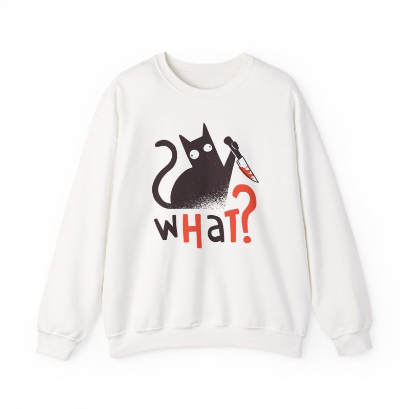 Front of the crewneck sweatshirt showing a wide-eyed black cat with a kitchen knife and black and orange lettering