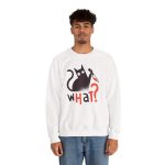 Person wearing a crewneck sweatshirt showing a wide-eyed black cat with a kitchen knife and black and orange lettering on the front Person wearing a crewneck sweatshirt showing a wide-eyed black cat with a kitchen knife and black and orange lettering on the front