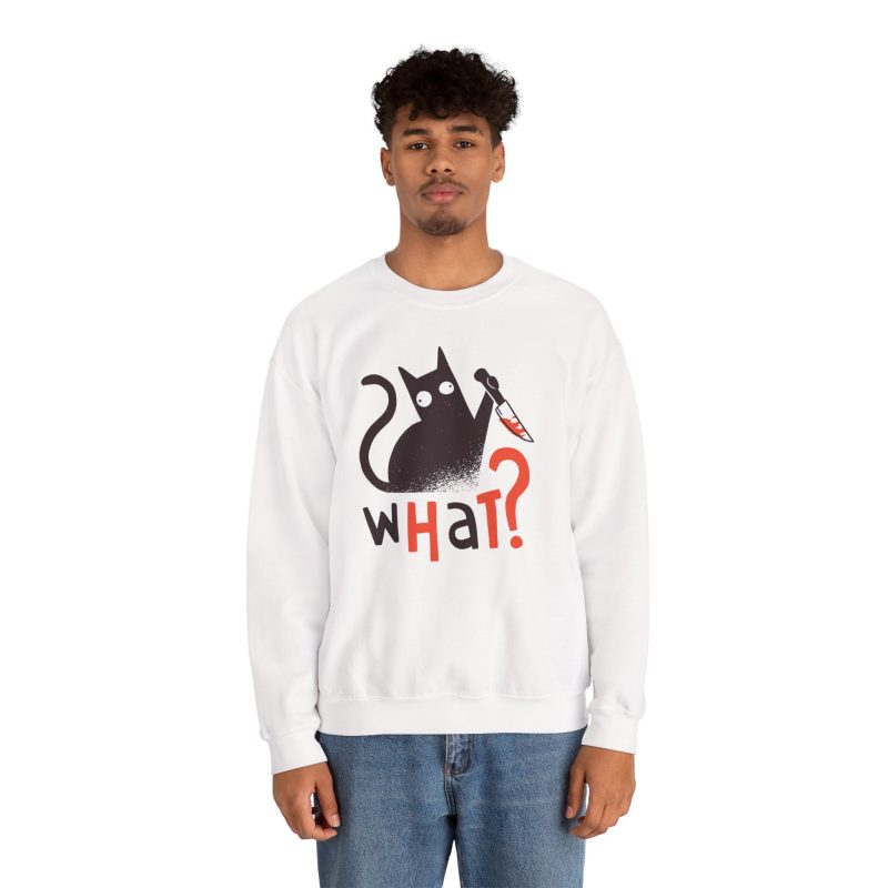Person wearing a crewneck sweatshirt showing a wide-eyed black cat with a kitchen knife and black and orange lettering on the front