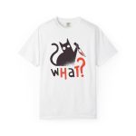 Front of the tee showing a wide-eyed black cat with a kitchen knife and black and orange lettering