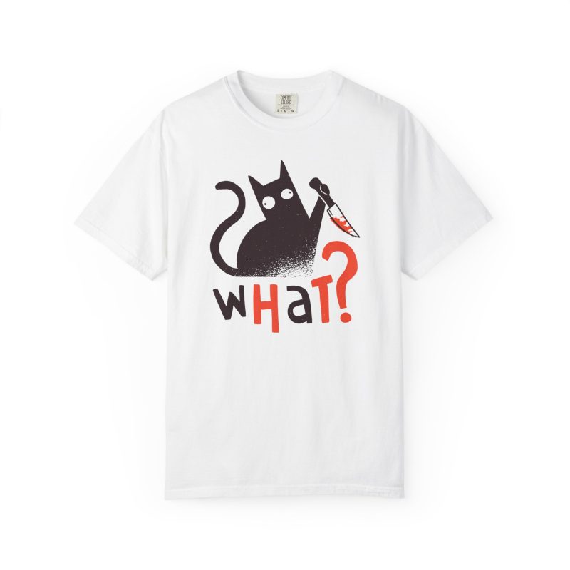 Front of the tee showing a wide-eyed black cat with a kitchen knife and black and orange lettering