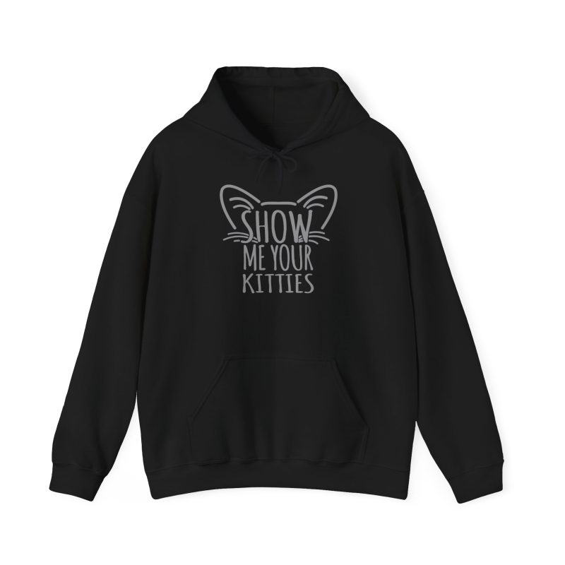 Front of the hoodie showing gray cat-ear and whisker lettering