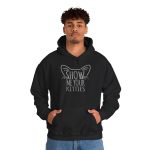Person wearing a hoodie showing gray cat-ear and whisker lettering on the front