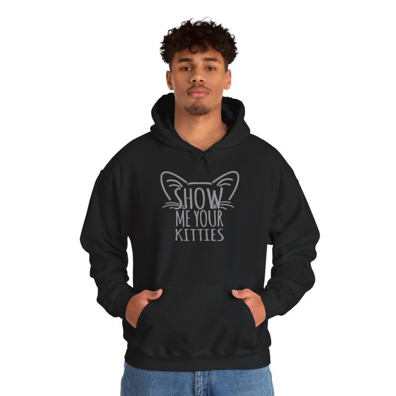 Person wearing a hoodie showing gray cat-ear and whisker lettering on the front
