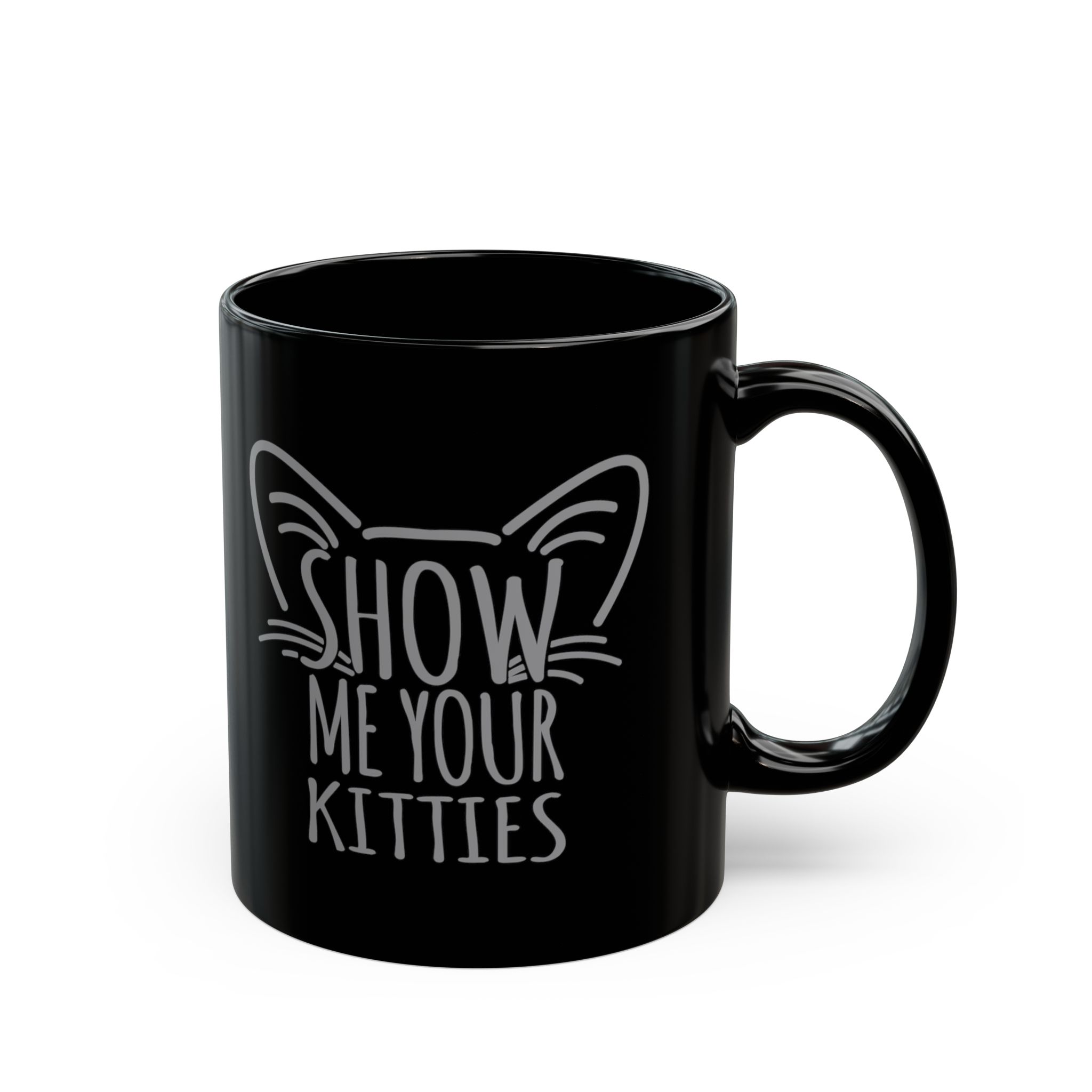 Opposite side of the glossy black ceramic mug with the same gray cat-ear and whisker lettering