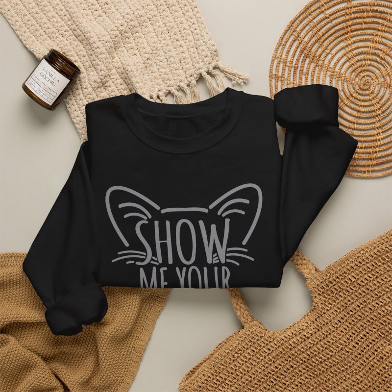 Gray Show Me Your Kitties hand lettering framed by pointed cat ears and whiskers in the front print