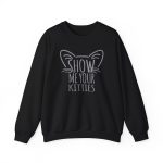 Front of the crewneck sweatshirt showing gray cat-ear and whisker lettering