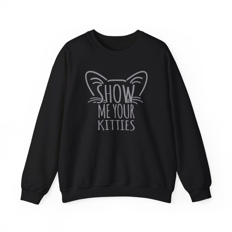 Front of the crewneck sweatshirt showing gray cat-ear and whisker lettering